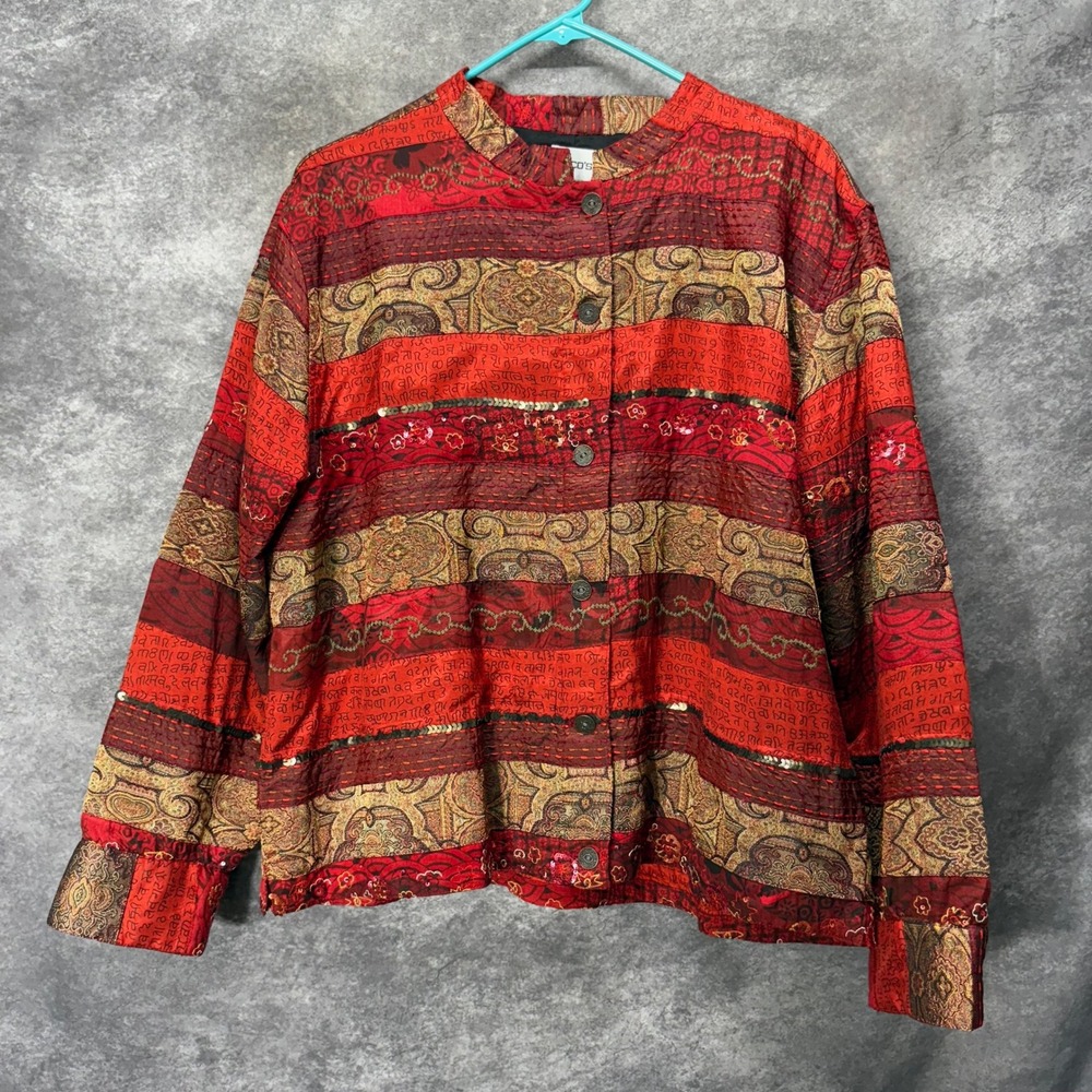 Vintage Chico's Red Paisley Kantha Stitch Sequin Embroidered Jacket Size 3 Artsy